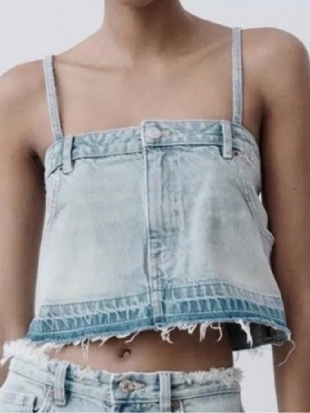 Zara Light Wash Denim Crop Top with Spaghetti Straps